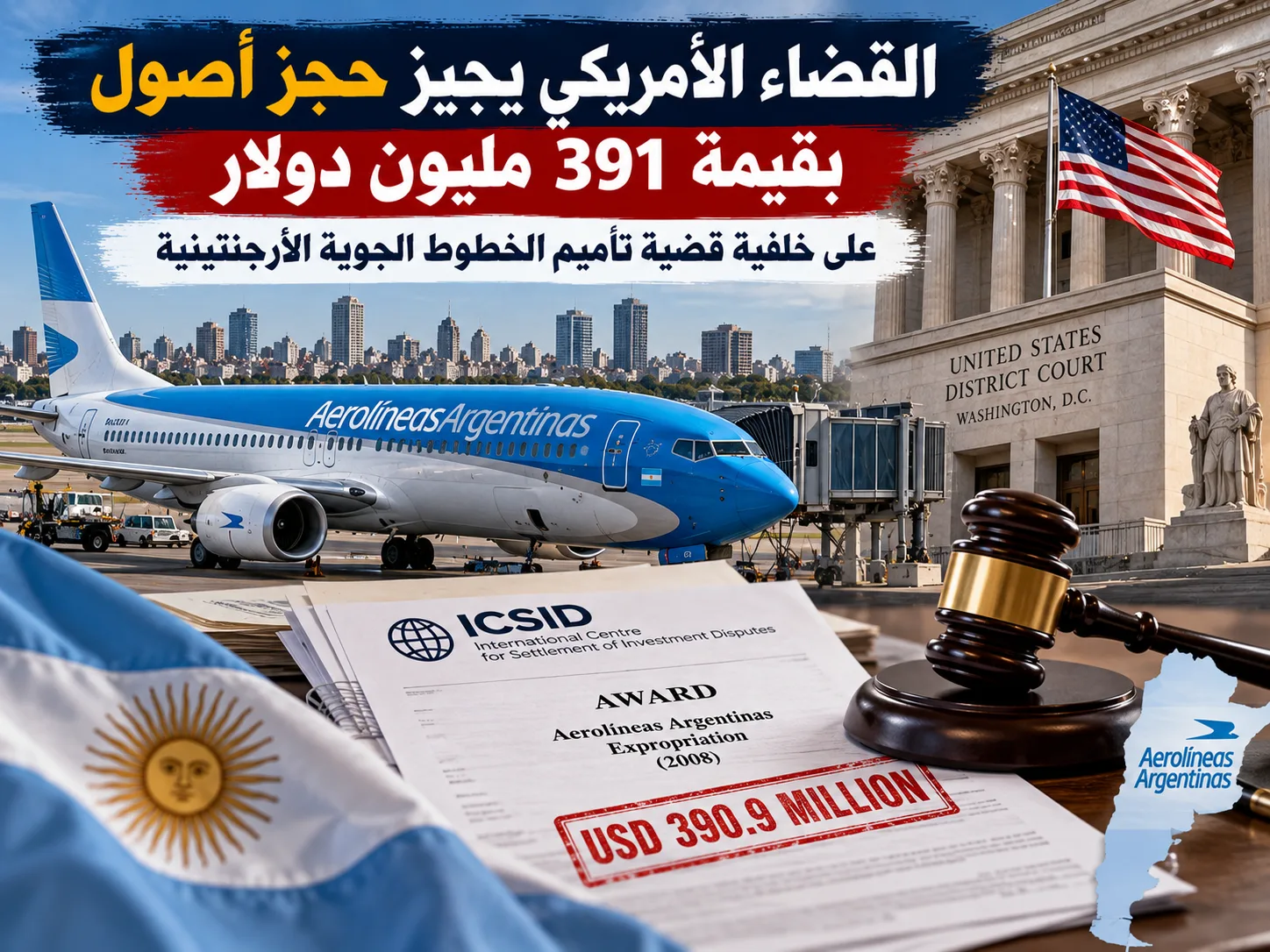 قضاء أمريكي يسمح بملاحقة أصول الأرجنتين لتحصيل 390 مليون دولار بسبب تأميم الخطوط الجوية